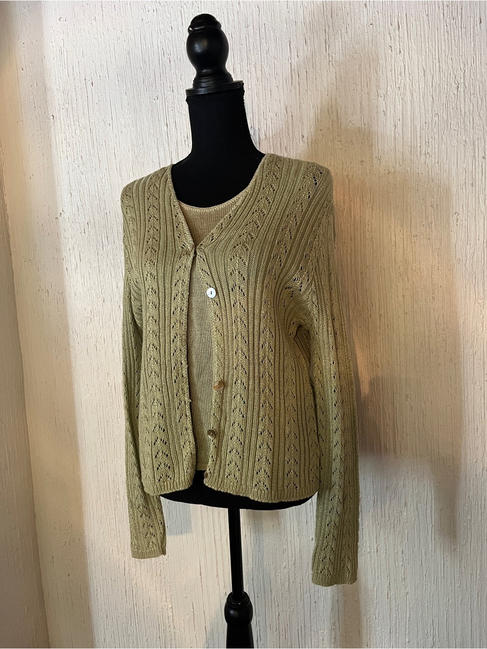 Olive Green Eyelet Knit Button-Front Cardigan